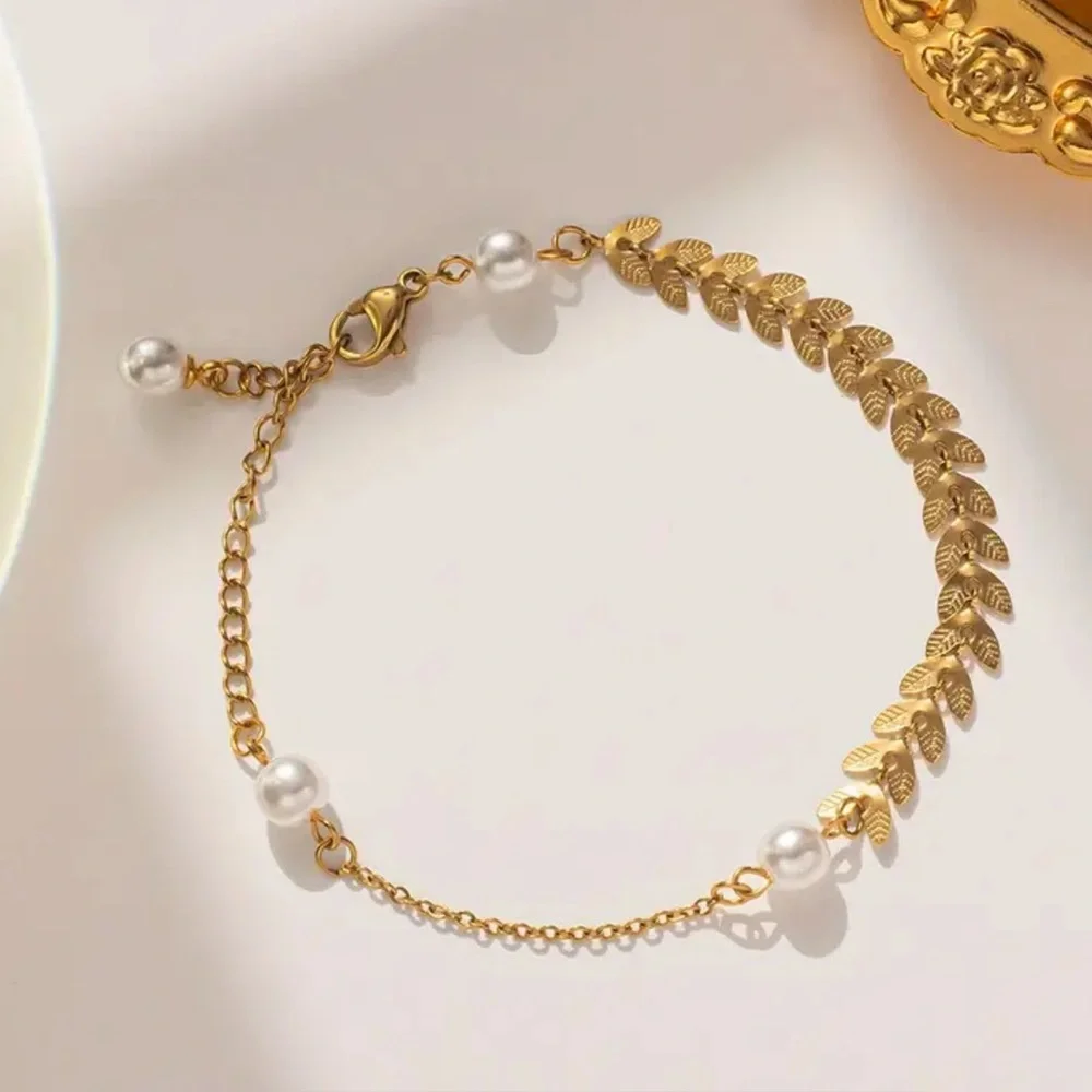 Gold Leaf Pearl Bracelet/Anklet | Delicate Wheat Chain Adjustable